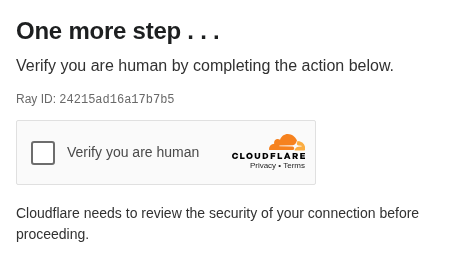 Fake Cloudflare challenge: One more step, verify you are human, a checkbox with the Cloudflare logo and a Ray ID
