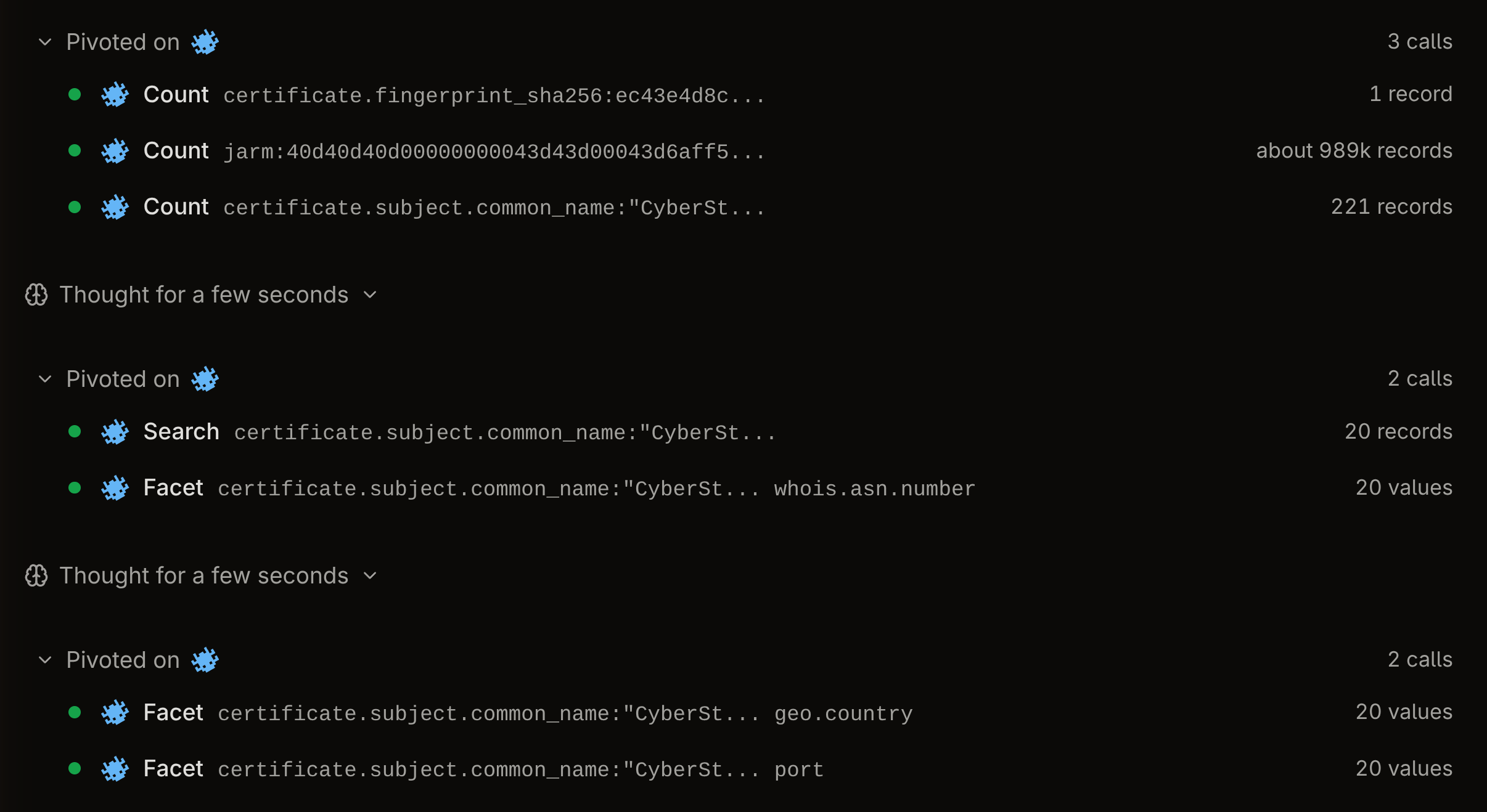 Three groups of Netlas tool calls made by Mesmer Agent: a count on the certificate fingerprint (1 record), a count on the JARM hash (about 989k records), a count on the certificate subject common name CyberStrikeAI (221 records), then a search and facets on that subject by ASN, country and port