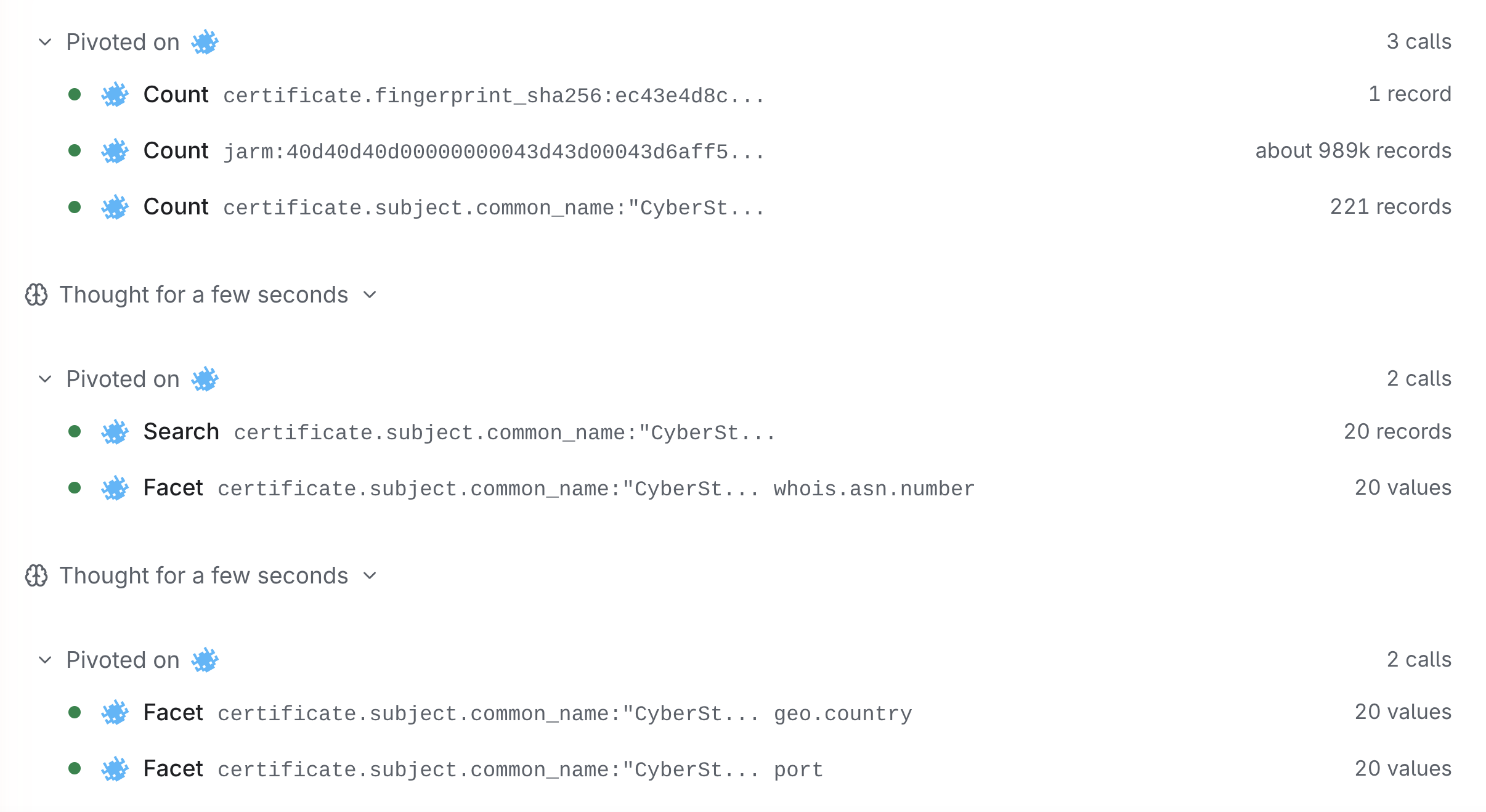 Three groups of Netlas tool calls made by Mesmer Agent: a count on the certificate fingerprint (1 record), a count on the JARM hash (about 989k records), a count on the certificate subject common name CyberStrikeAI (221 records), then a search and facets on that subject by ASN, country and port